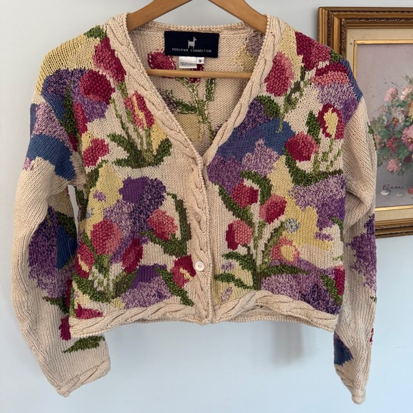 Peruvian Connection Pima Cotton Floral Knit Cardigan Sweater –‎ Size S Cream - Picture 2 of 9